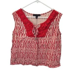 French Laundry Red Cream Sleeveless Top Crochet Trim Boho Blouse Size‎ L
